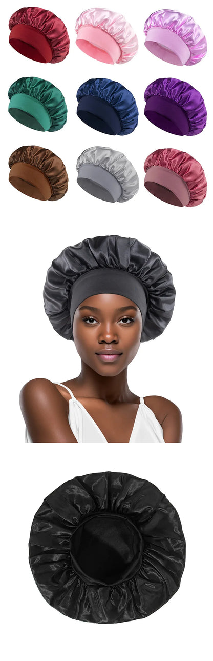 Wide-Brim Satin Hair Bonnet with Elastic Band