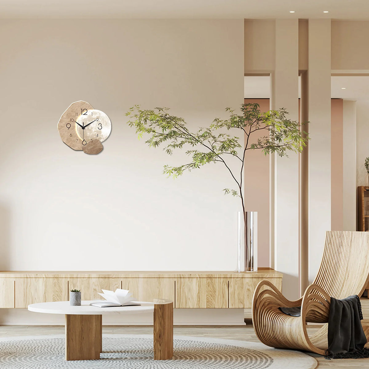Moon Wall Clock, Silent Wooden Minimalist Clock, 12 to 16 Inch