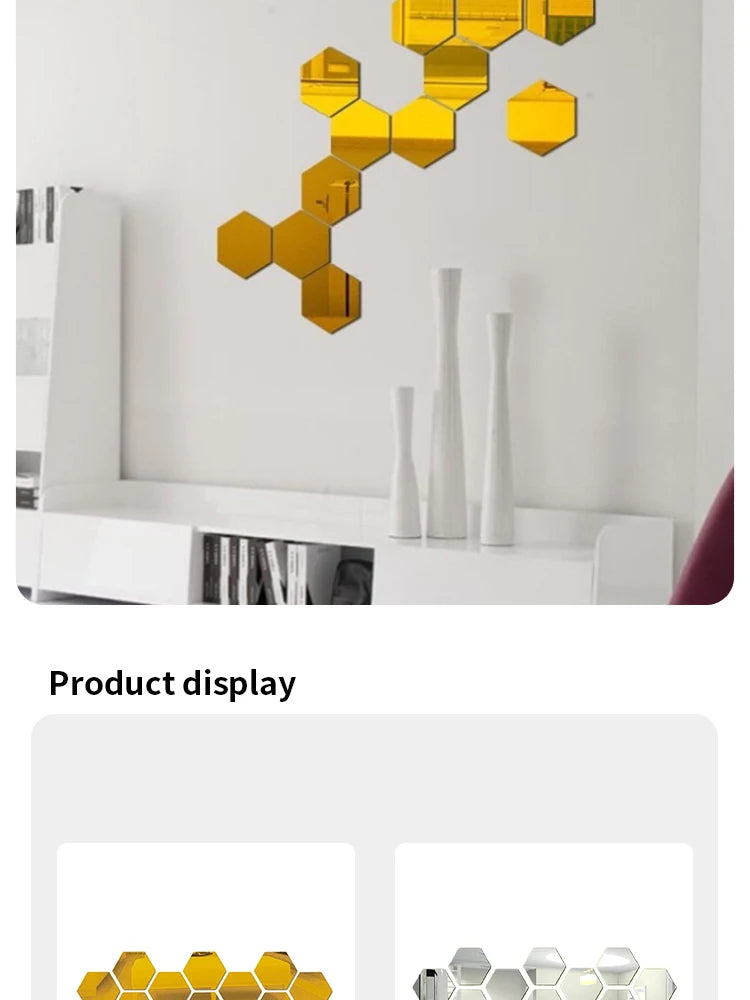 Hexagon Acrylic Mirror Wall Decals, 12 Pieces