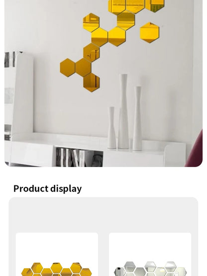 Hexagon Acrylic Mirror Wall Decals, 12 Pieces