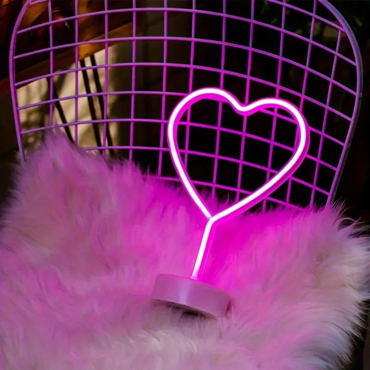 Pink Neon Heart Table Lamp, Battery LED Light with Base
