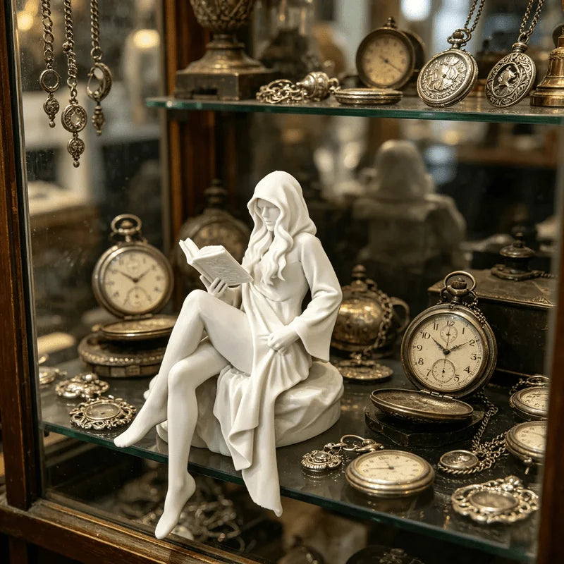 Reading Lady Shelf Sitter Statue, Matte White Hooded Figurine