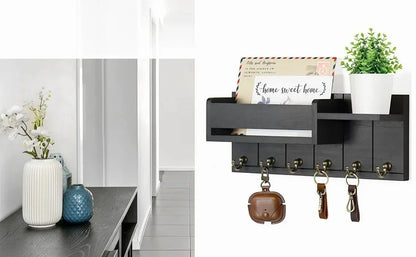 Rustic Wood Key Holder with Shelf and 6 Hooks