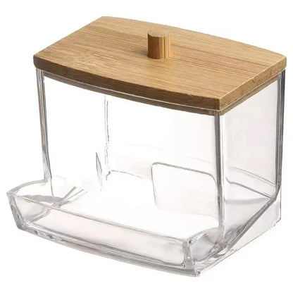 Cotton Swab Holder, Clear Storage Box with Bamboo Lid