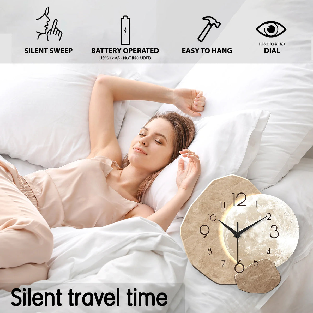 Moon Wall Clock, Silent Wooden Minimalist Clock, 12 to 16 Inch