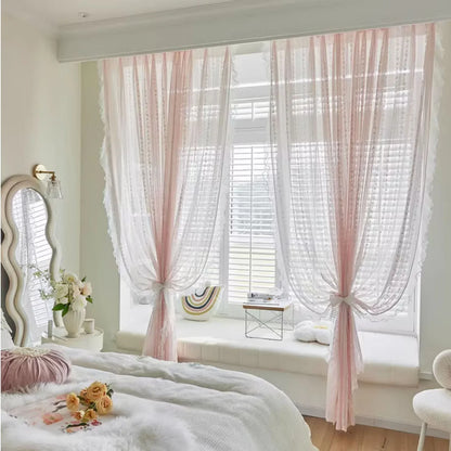 Pink Striped Rose Lace Sheer Curtain Panel