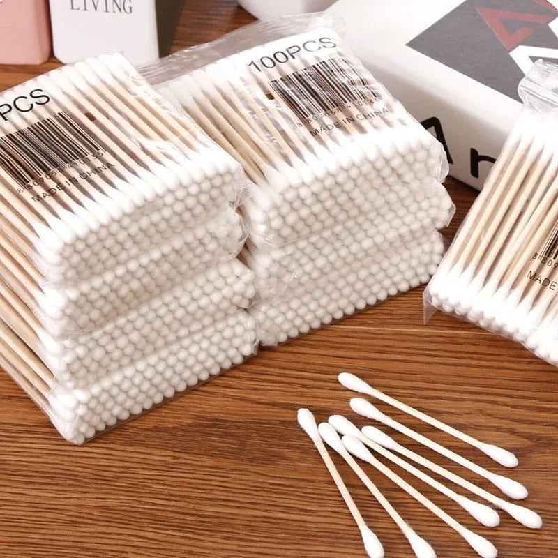 Cotton Swab Holder, Clear Storage Box with Bamboo Lid