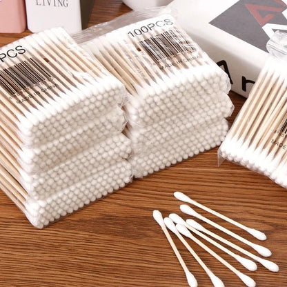 Cotton Swab Holder, Clear Storage Box with Bamboo Lid