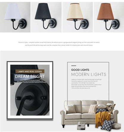 Nordic Fabric Wall Lamp, Iron Bedside Sconce with Cloth Shade, E27