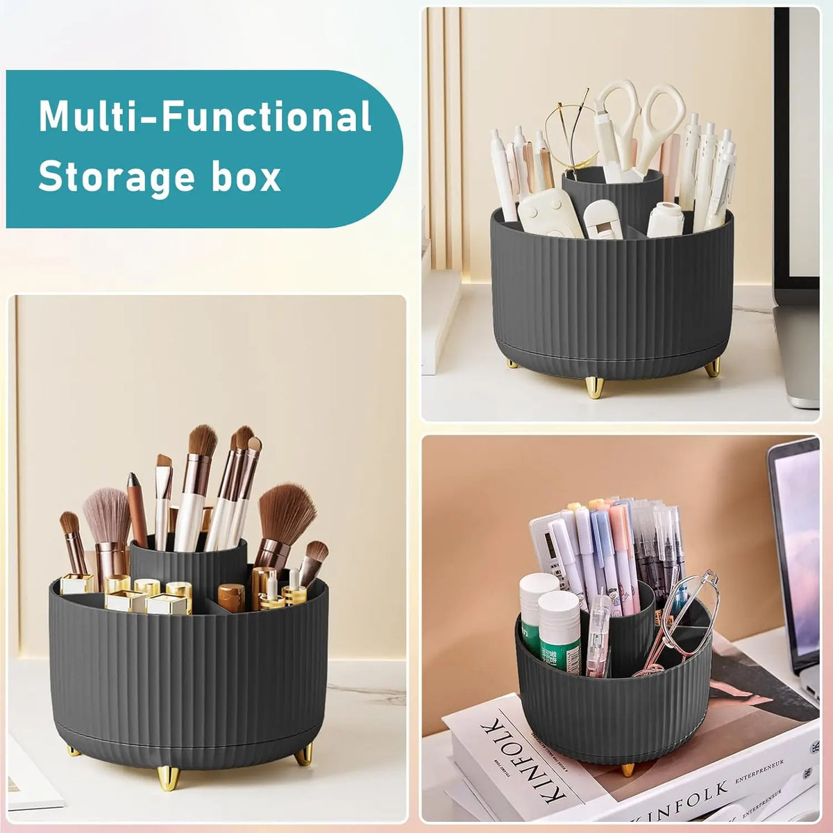 Rotating Makeup Brush Holder, 5 Slot Striped Vanity Organizer