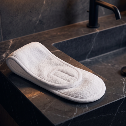 White plush spa headband on a dark marble vanity
