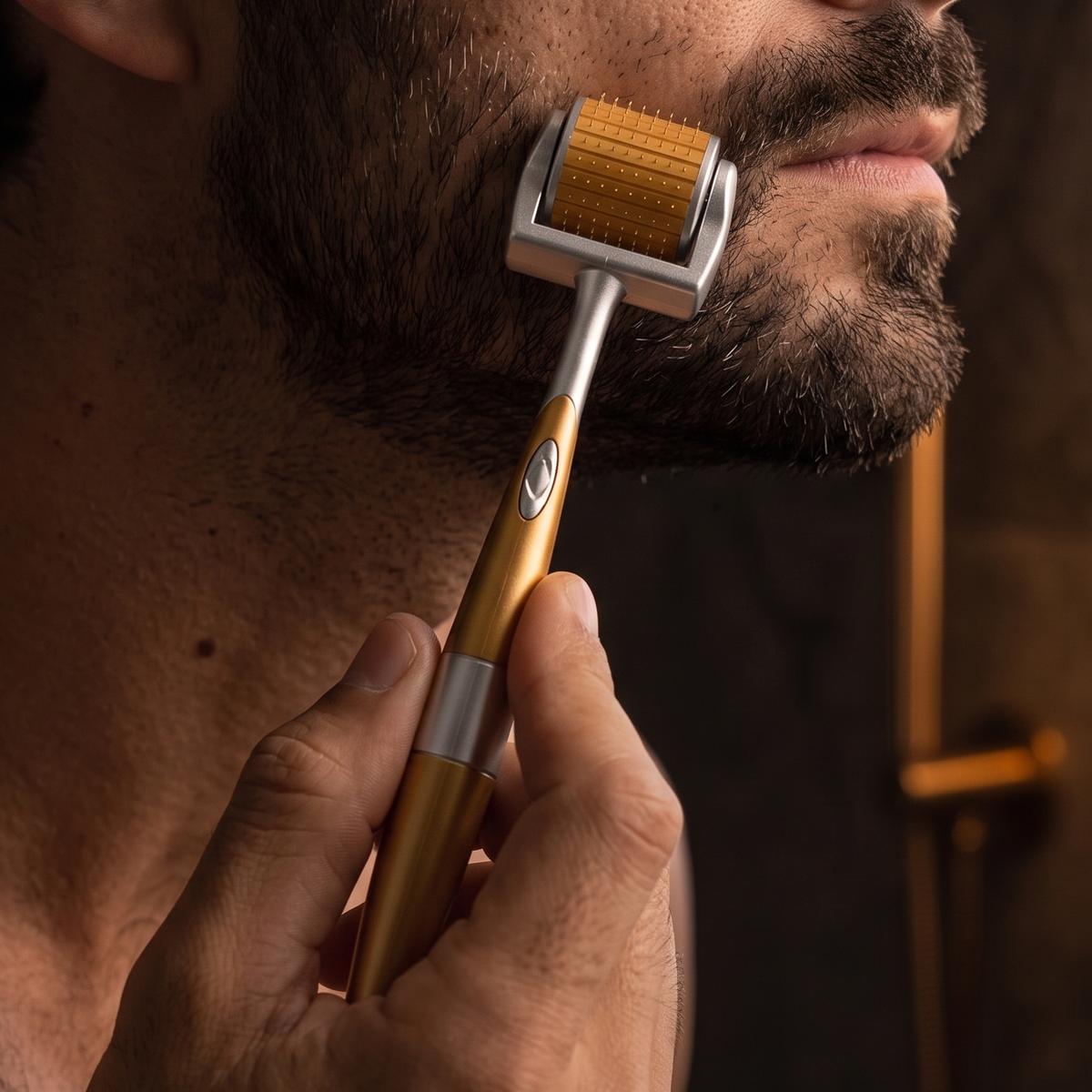 Man using the derma roller along his beard line