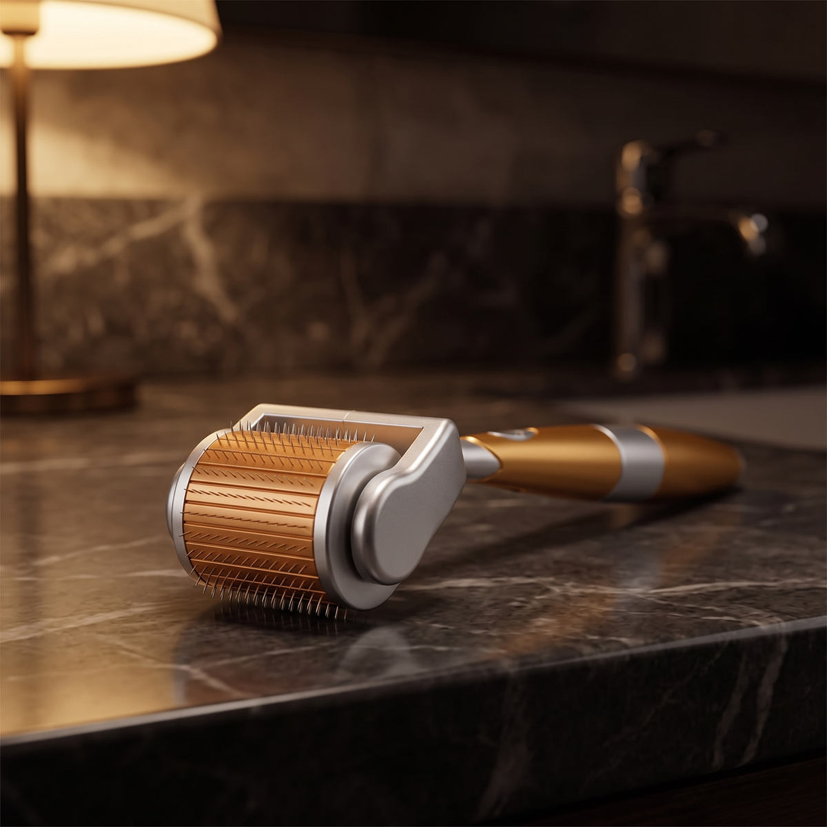 Classic 192-needle derma roller on a dark marble vanity