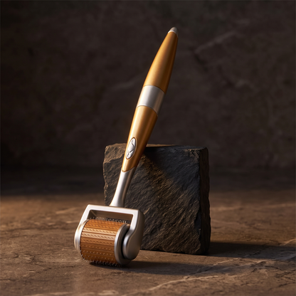 Derma roller standing on a dark marble countertop