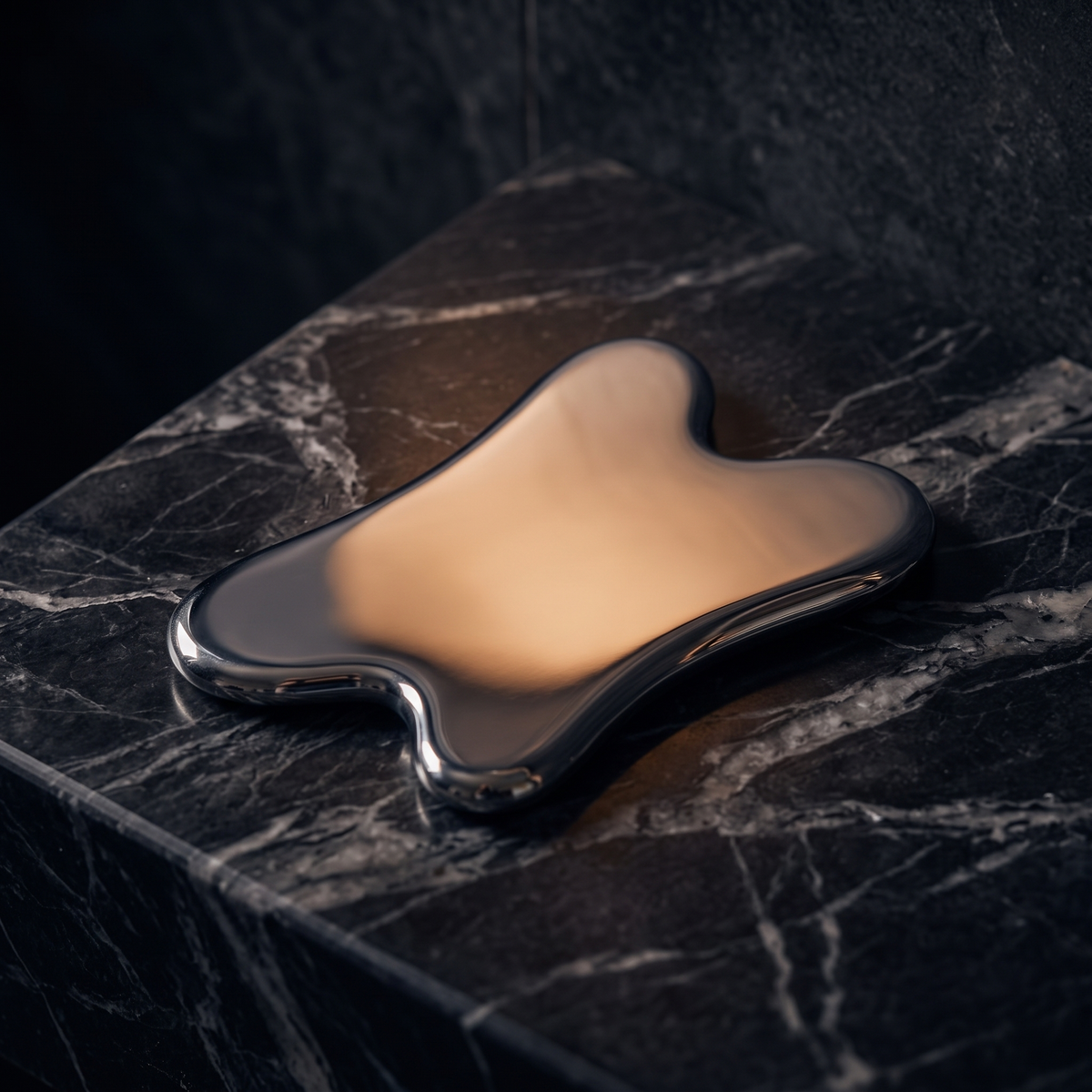 Stainless steel gua sha on a dark marble vanity