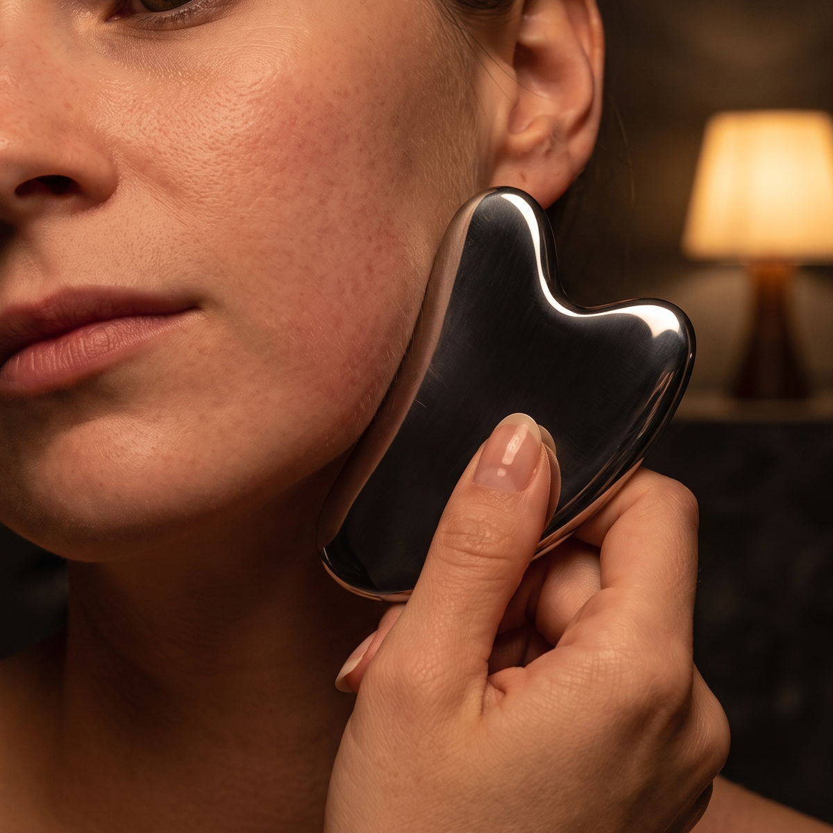 Close-up of the steel gua sha in use