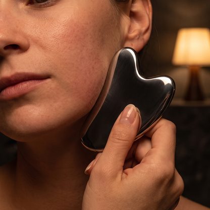 Close-up of the steel gua sha in use