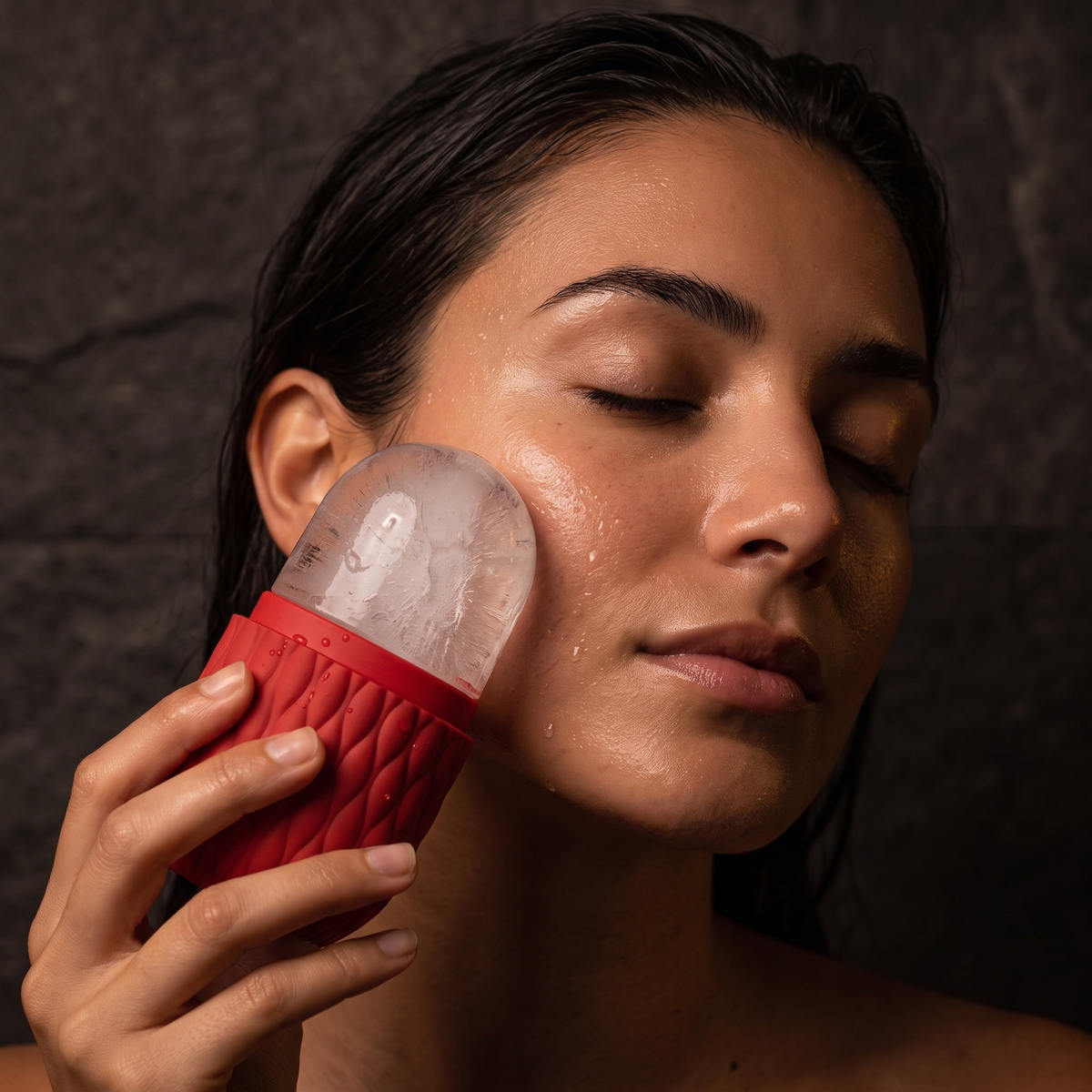 Woman gliding the ice face roller along her cheekbone