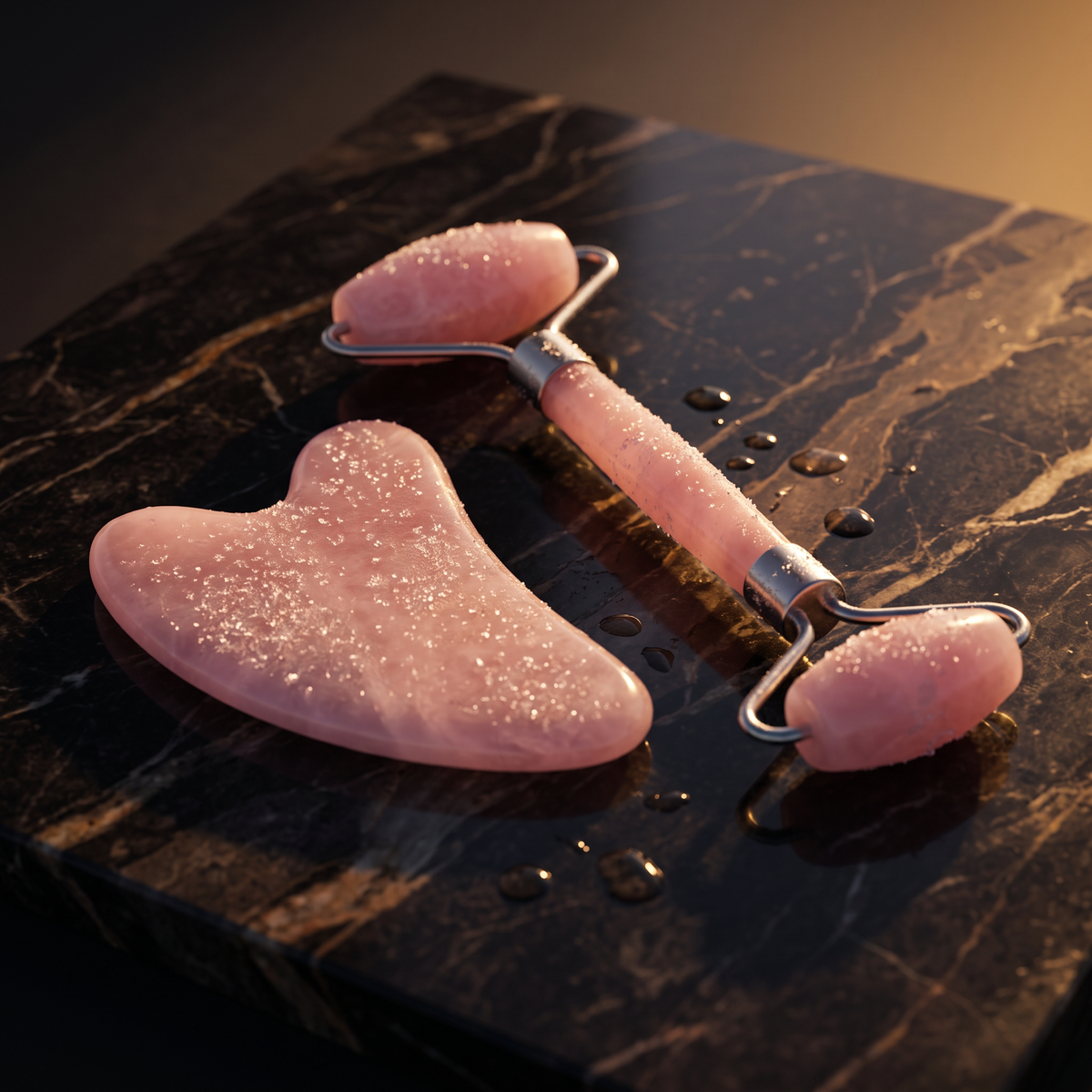 Pink stone face roller and gua sha set on dark marble