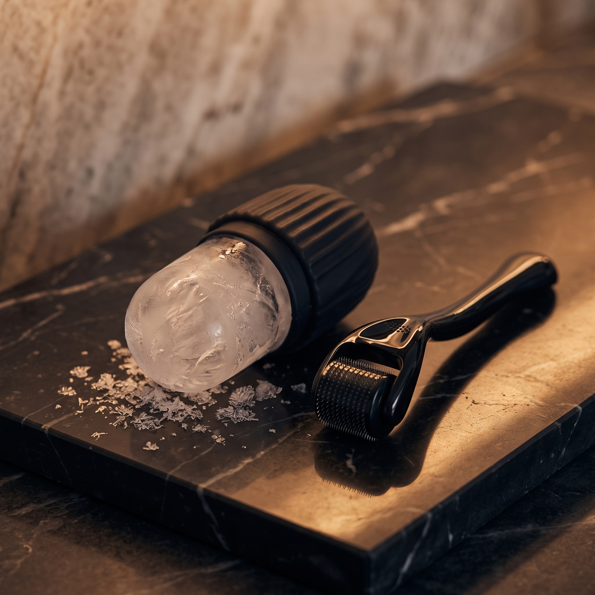 Black ice roller and micro derma roller kit on dark marble