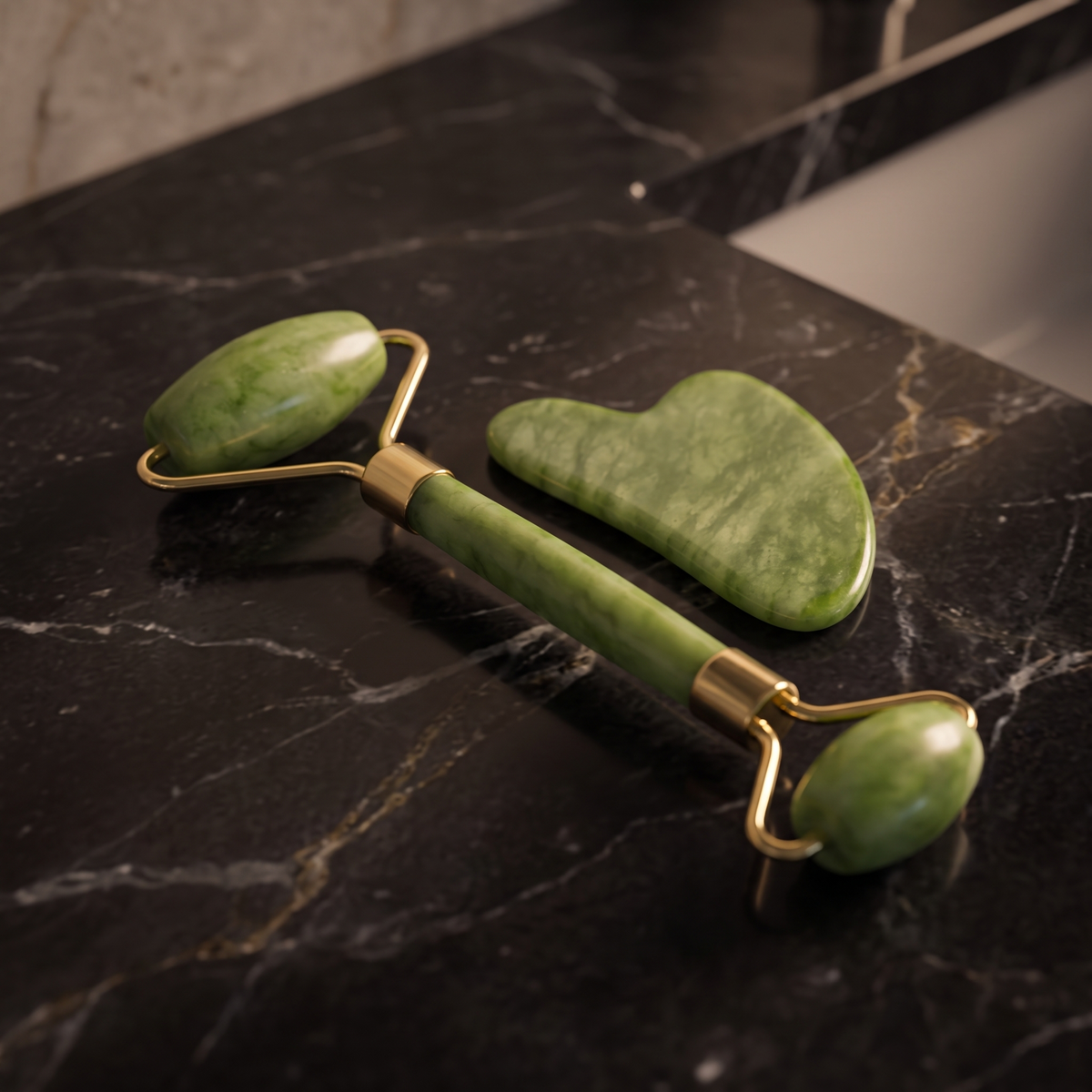 Green stone face roller and gua sha on dark marble