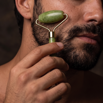 Man using the stone face roller along his cheekbone