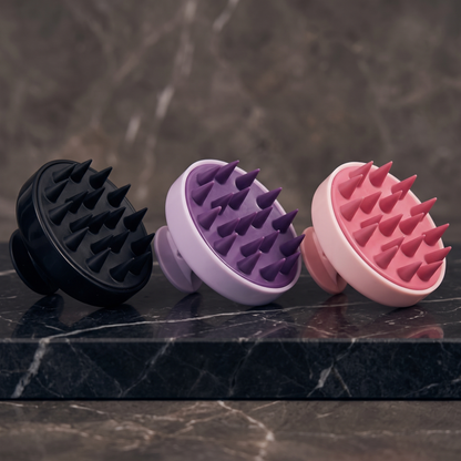 Scalp massager in black, purple and pink