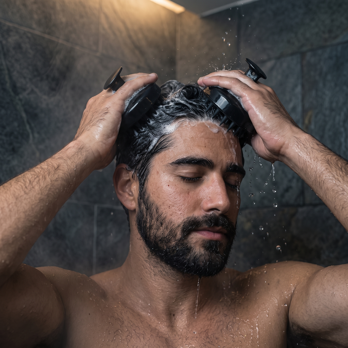 Man using the scalp massager in the shower