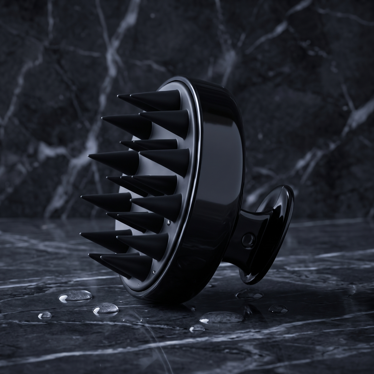 Black silicone scalp massager on dark marble