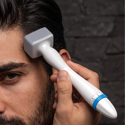 Man using the derma stamp on his hairline