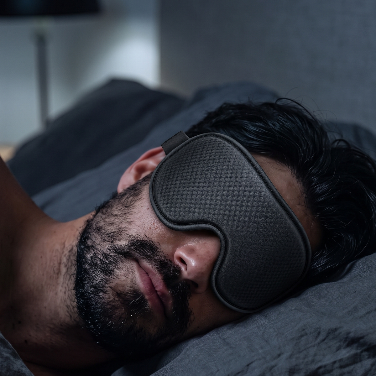 Close-up of the 3D sleep mask in use