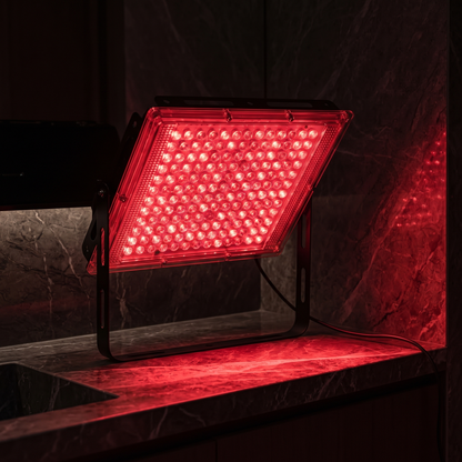 Red light therapy panel glowing on dark marble