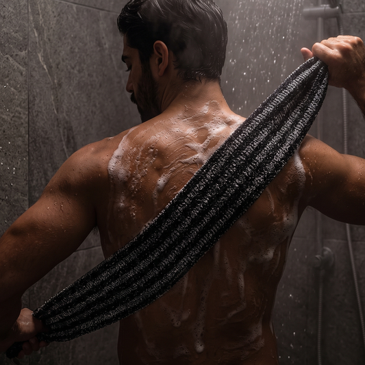 Close-up of the back scrubber towel in use