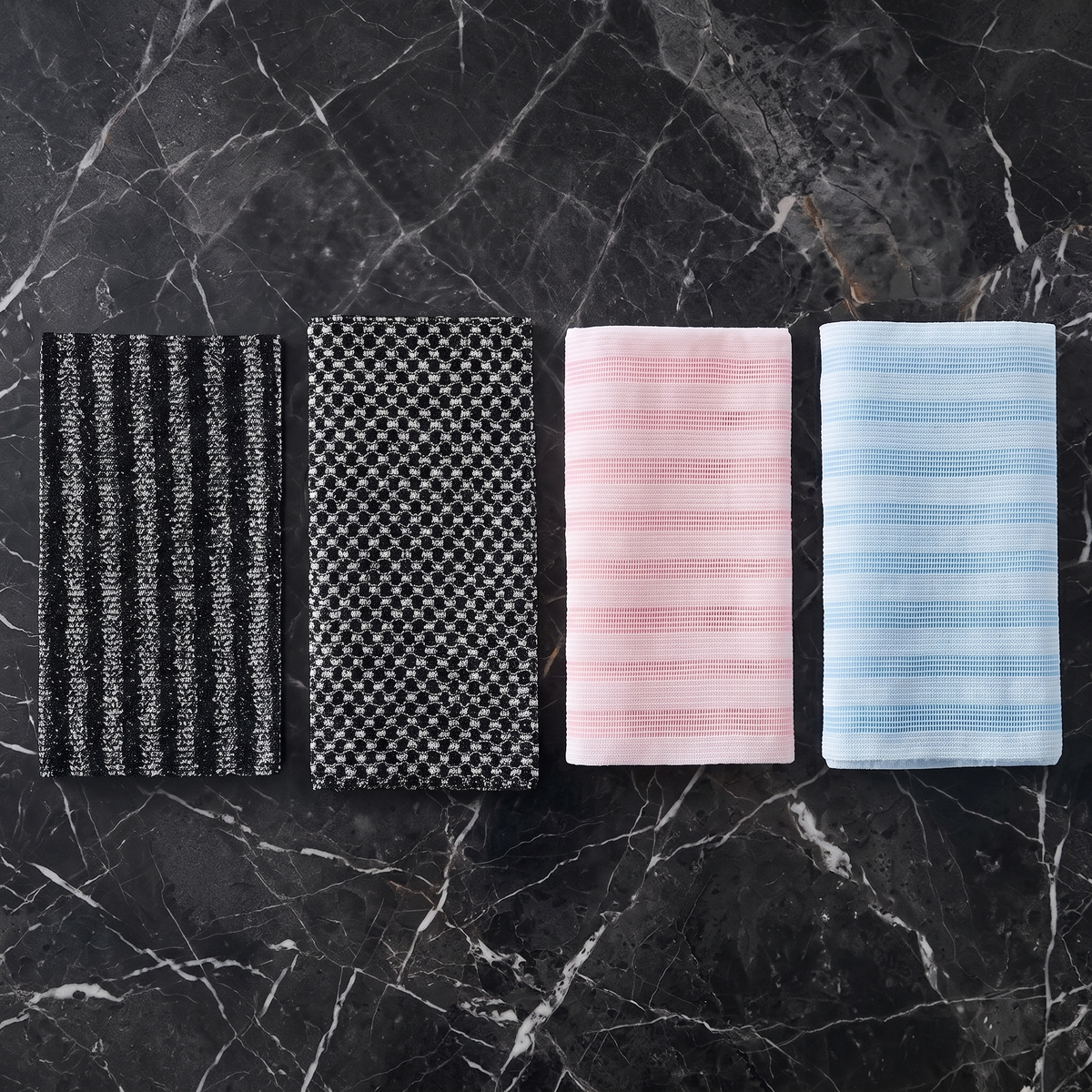 Back scrubber towel in black stripe, black grid, pink and blue