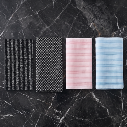 Back scrubber towel in black stripe, black grid, pink and blue