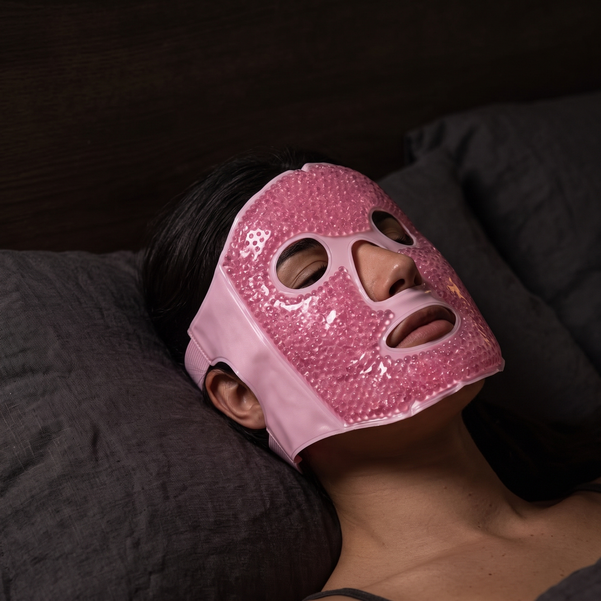 Woman relaxing wearing the pink gel face mask