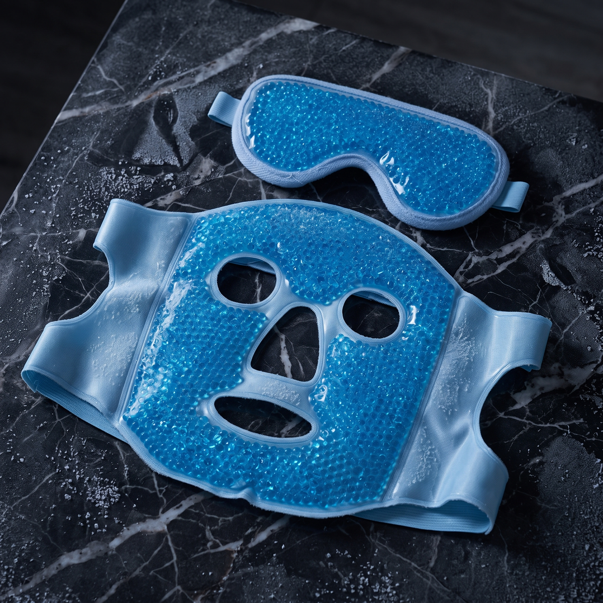 Blue hot and cold face mask and eye mask on dark marble