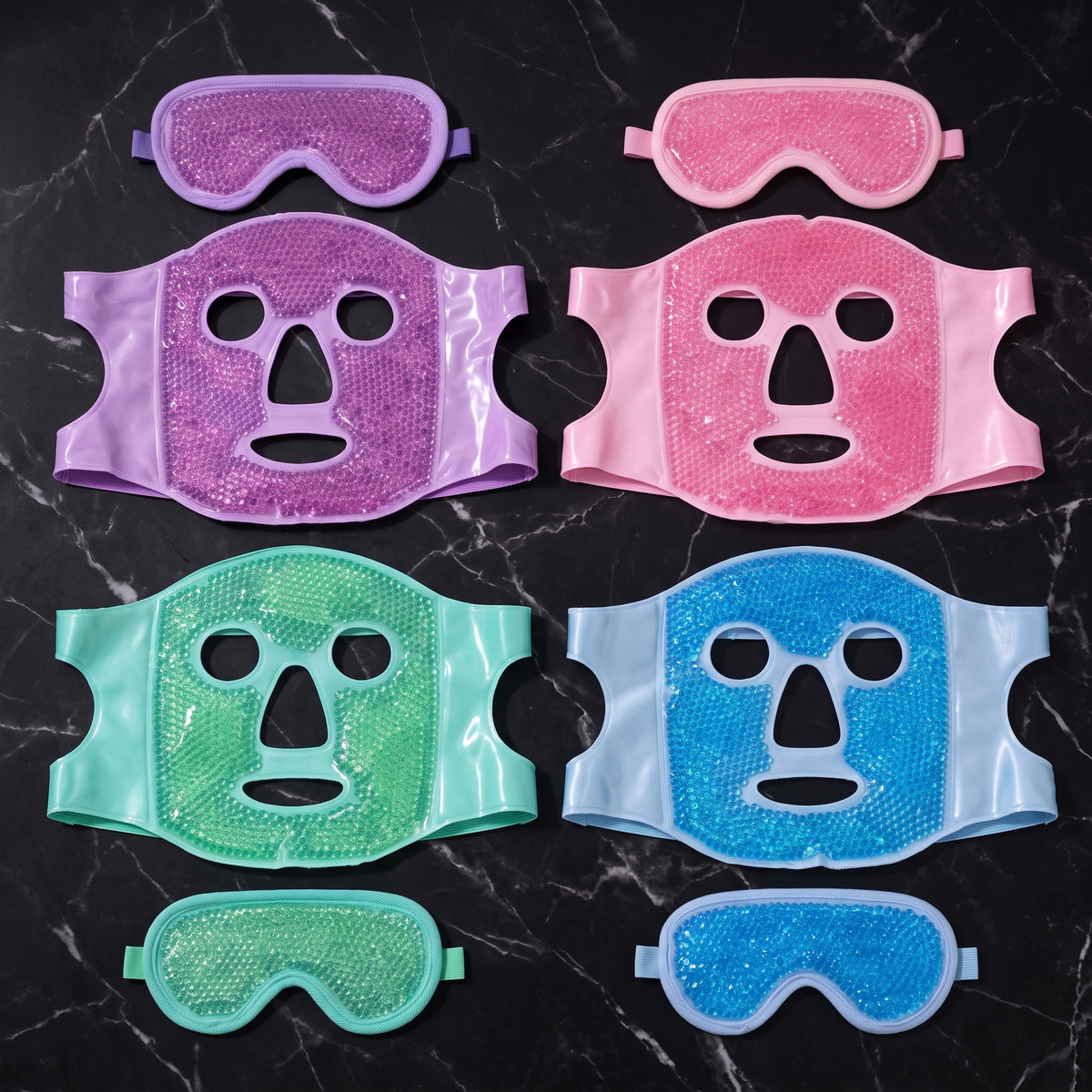 Face mask sets in purple, pink, green and blue