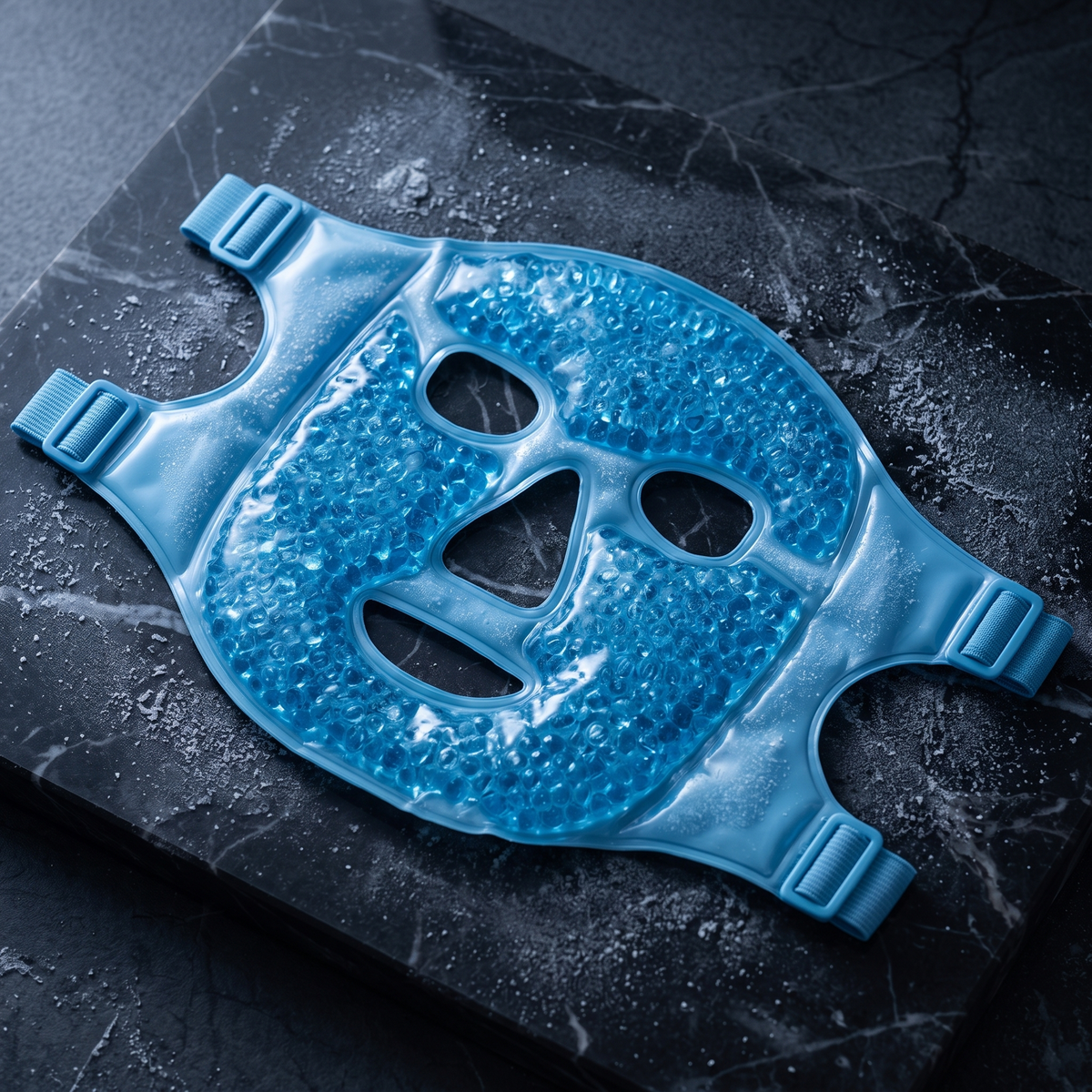 Blue ice face and eye mask on dark marble