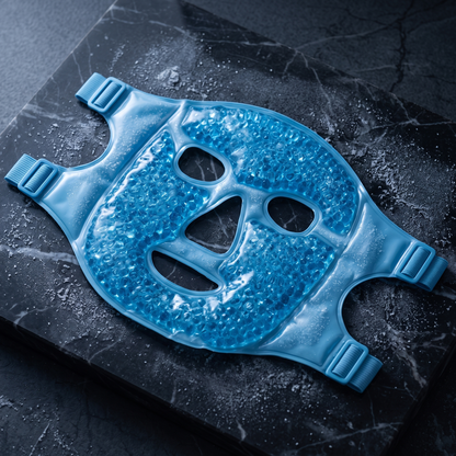 Blue ice face and eye mask on dark marble