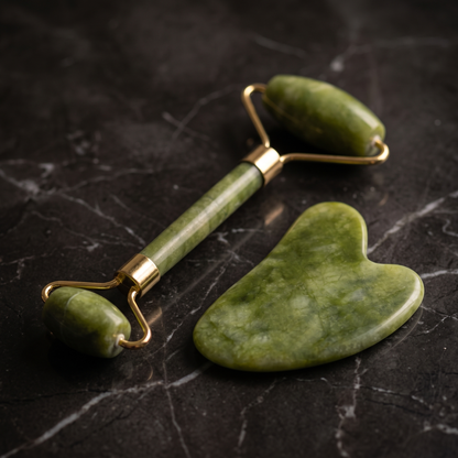 Jade roller and heart gua sha on dark marble