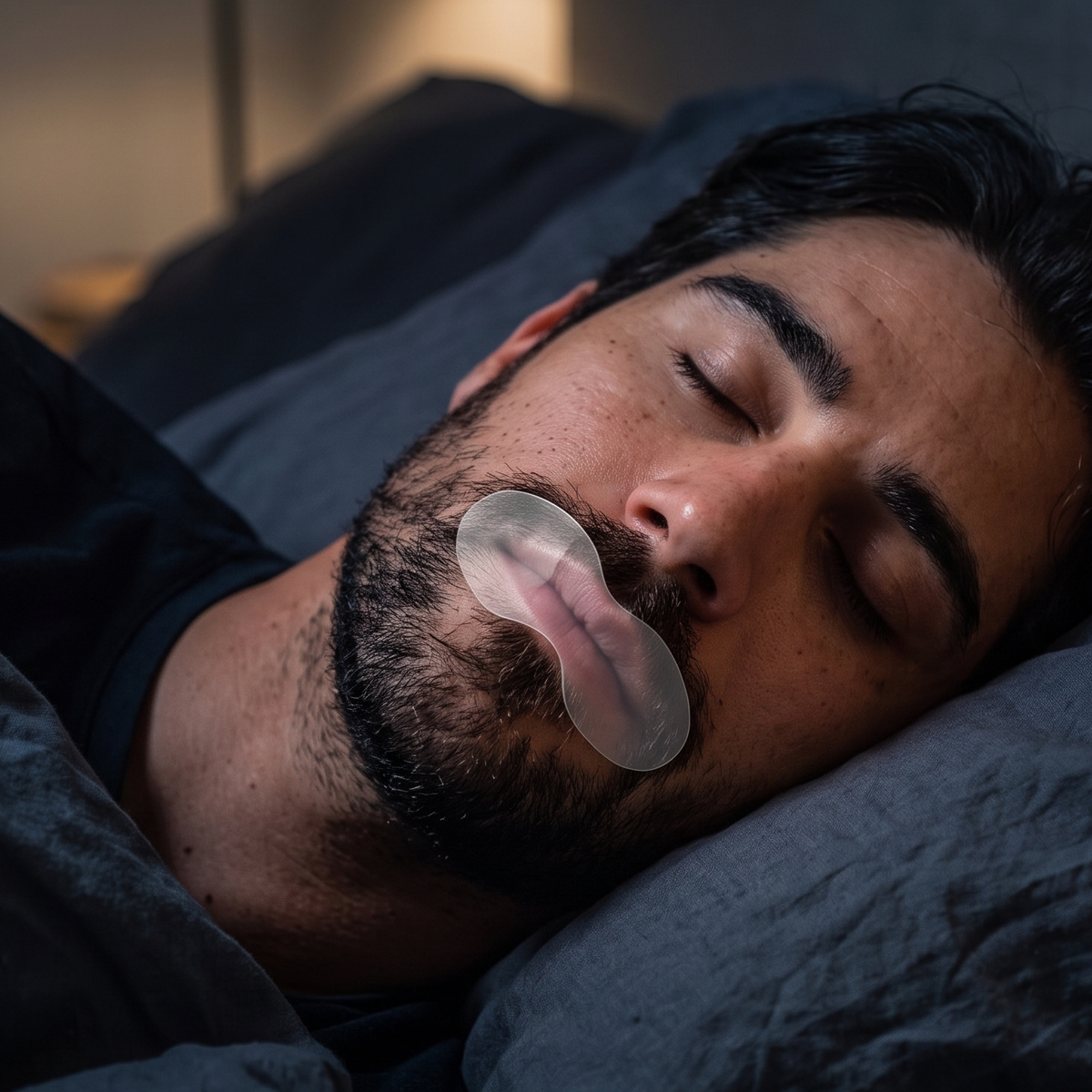 Close-up of the clear mouth tape in use