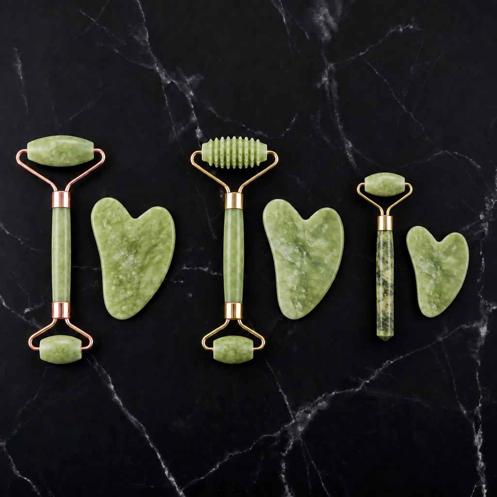 Gold jade, ridged jade and mini stone roller and gua sha sets