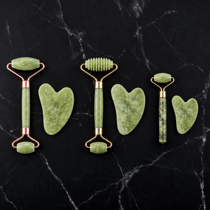Gold jade, ridged jade and mini stone roller and gua sha sets