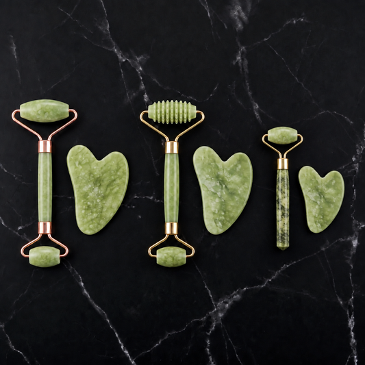 Gold jade, ridged jade and mini stone roller and gua sha sets