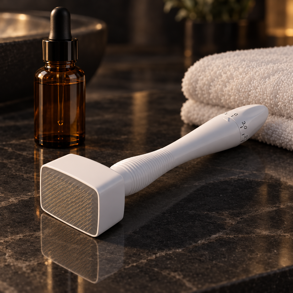 Adjustable derma stamp on a marble counter with serum and towel
