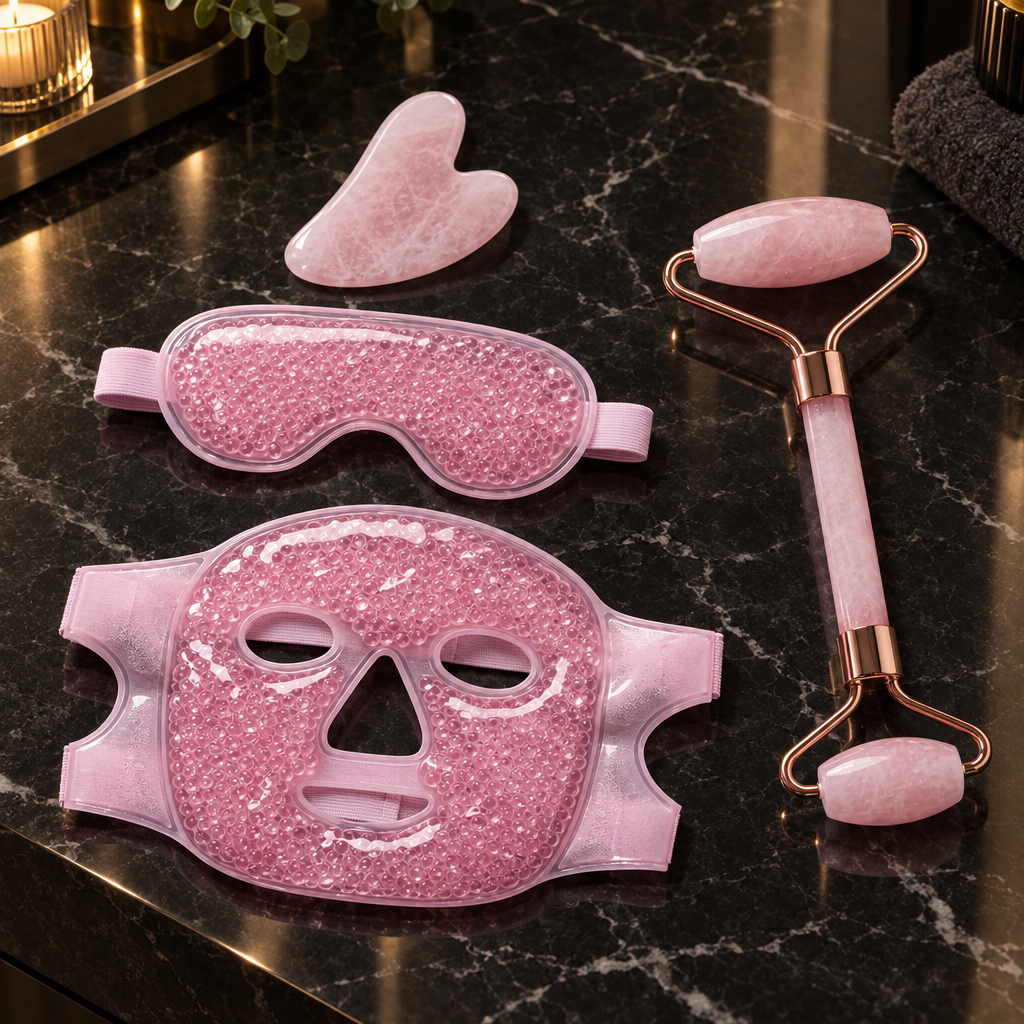 Pink gel face mask, eye mask, rose quartz roller and gua sha on dark marble