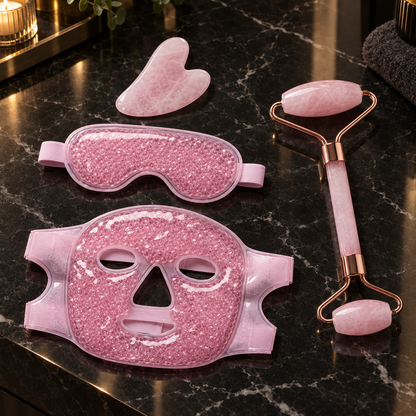 Pink gel face mask, eye mask, rose quartz roller and gua sha on dark marble