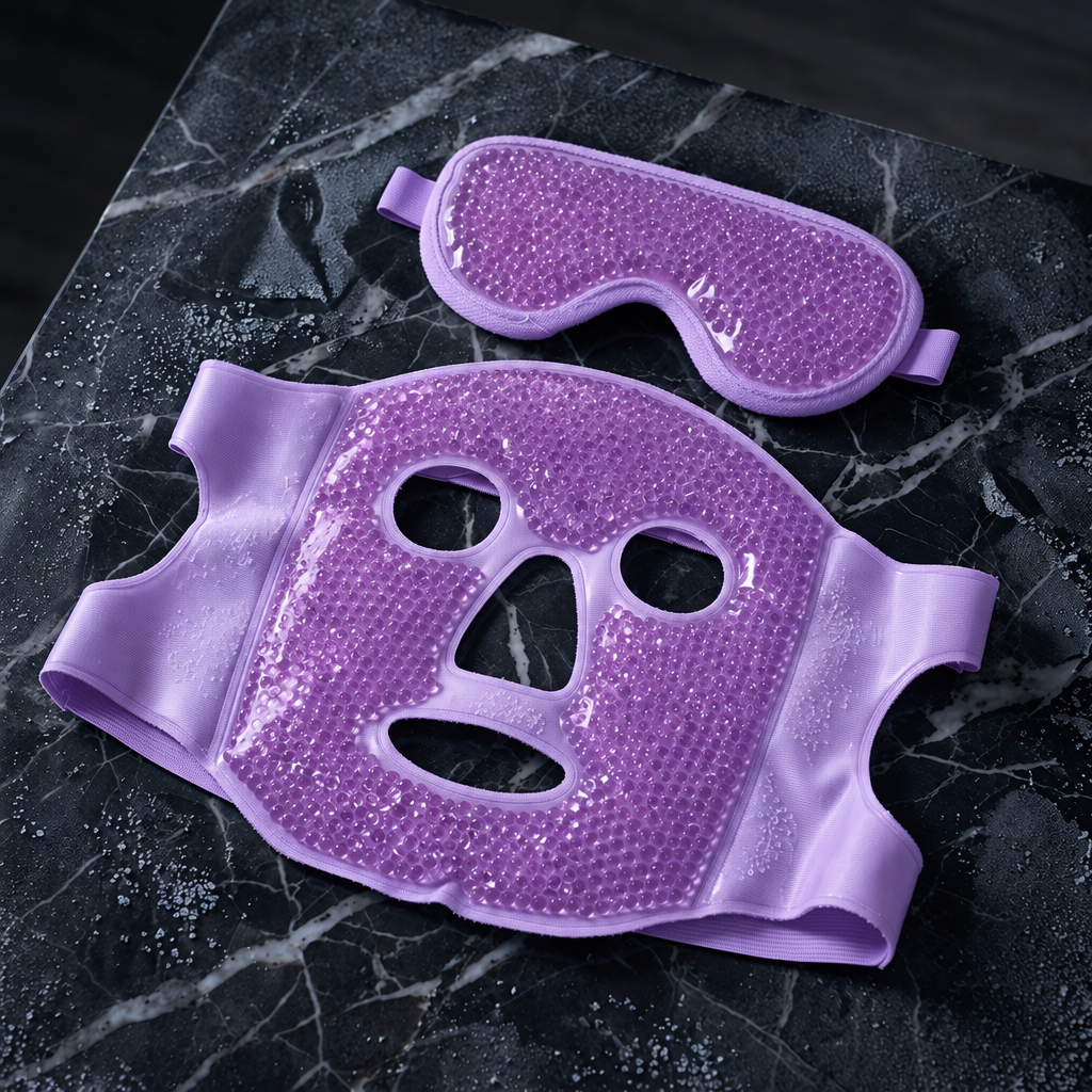 Purple hot and cold face mask and eye mask on dark marble