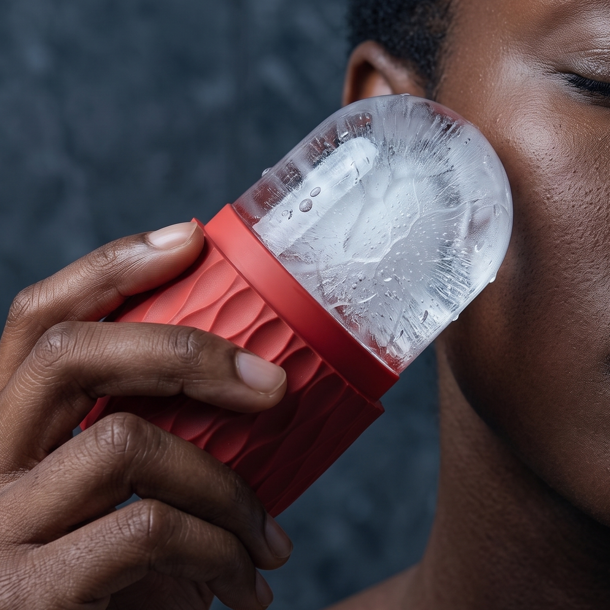 Close-up of the red silicone ice roller held against the cheek